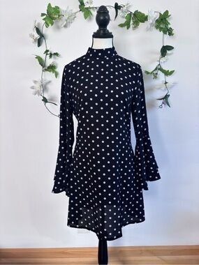 Elegant Black and White Polka Dot Mock Neck Dress Bell Sleeves